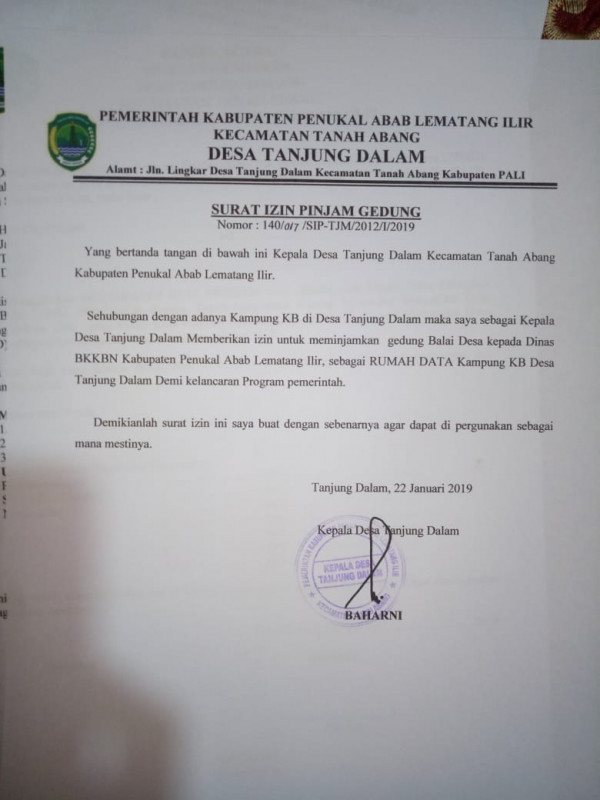 Surat Izin Peminjaman Gedung Untuk RUmah Data di Kampung KB Desa Tanjung Dalam