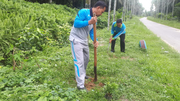 Sedang mencangkul tanah