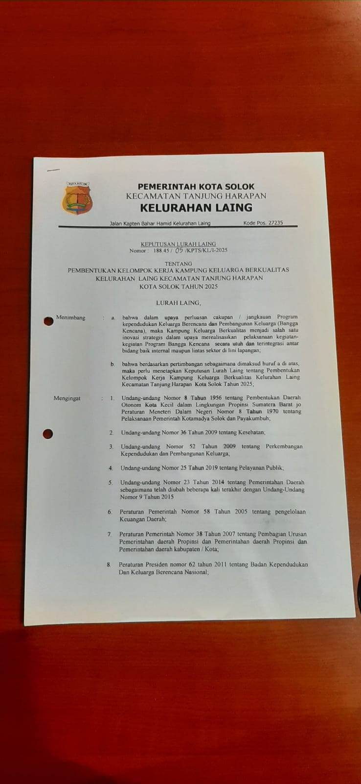 SK Kampung KB Laing Taluak Sejahtera Kec. Tanjung Harapan Kota Solok