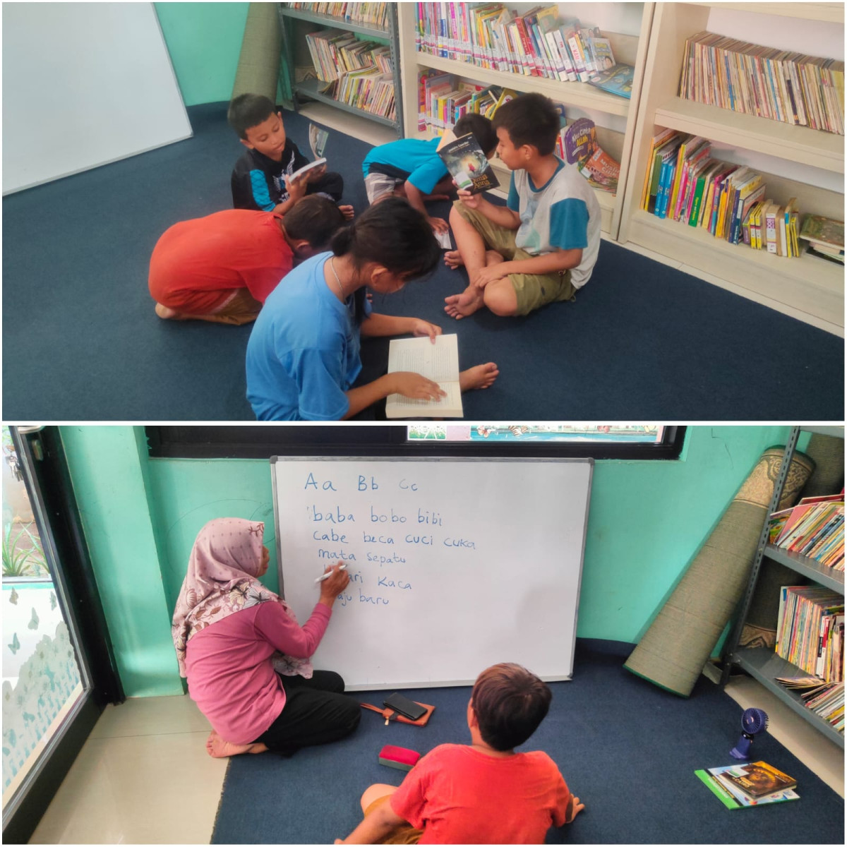 Anak anak dari Tanah Sereal sedang membaca buku dan belajar membaca bersama pengelola