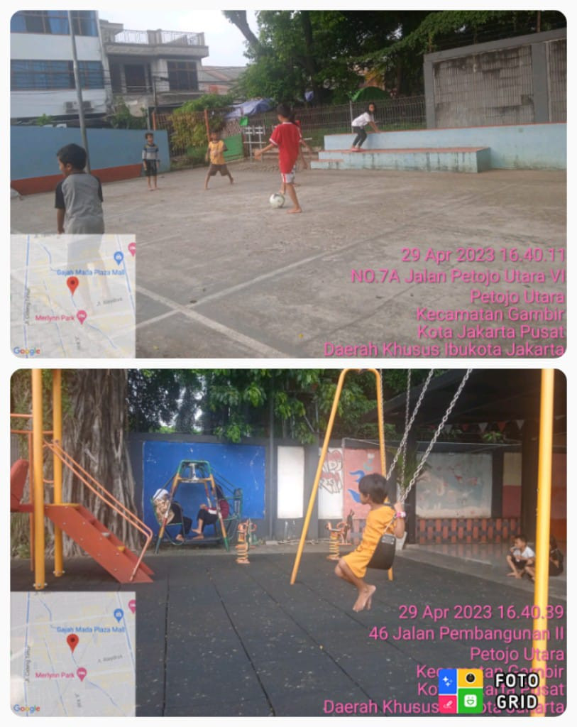 Suasana pada sore hari nak-nak bermain sepak bola dilapangan dan bermain di area playground RPTRA Flamboyan Kejora