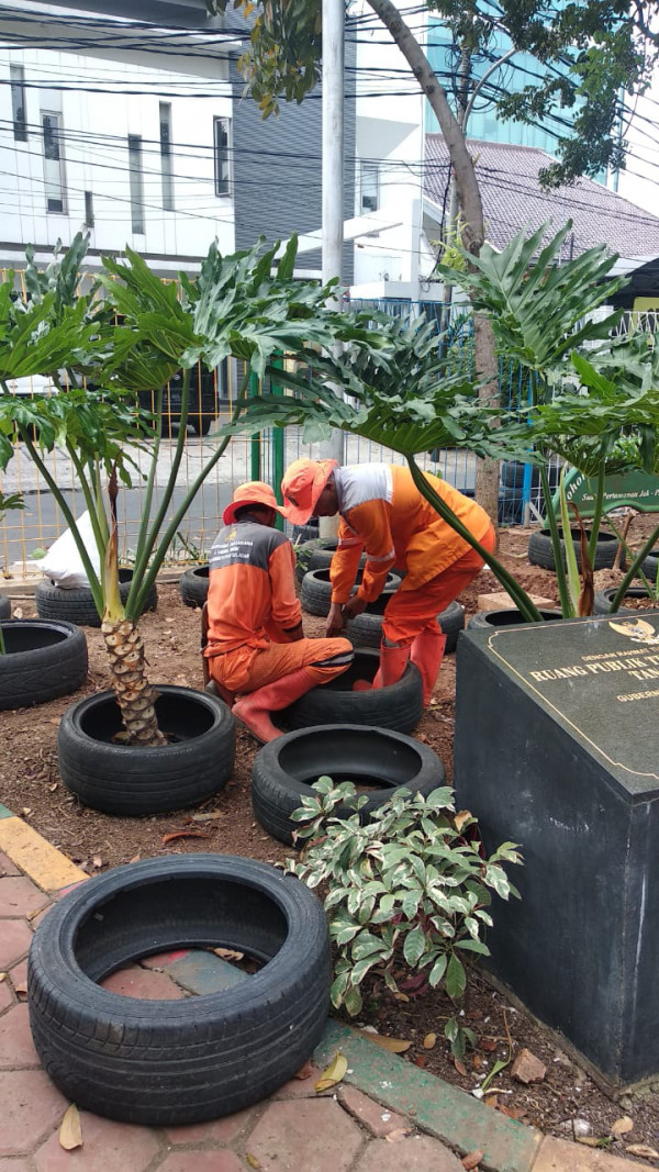 Pembuatan taman buang dari pot ban bekas