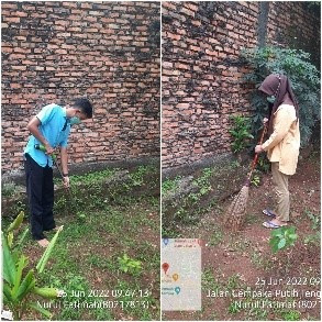 Kegiatan membersihkan rumput liar area tanaman toga RPTRA Kp.Benda