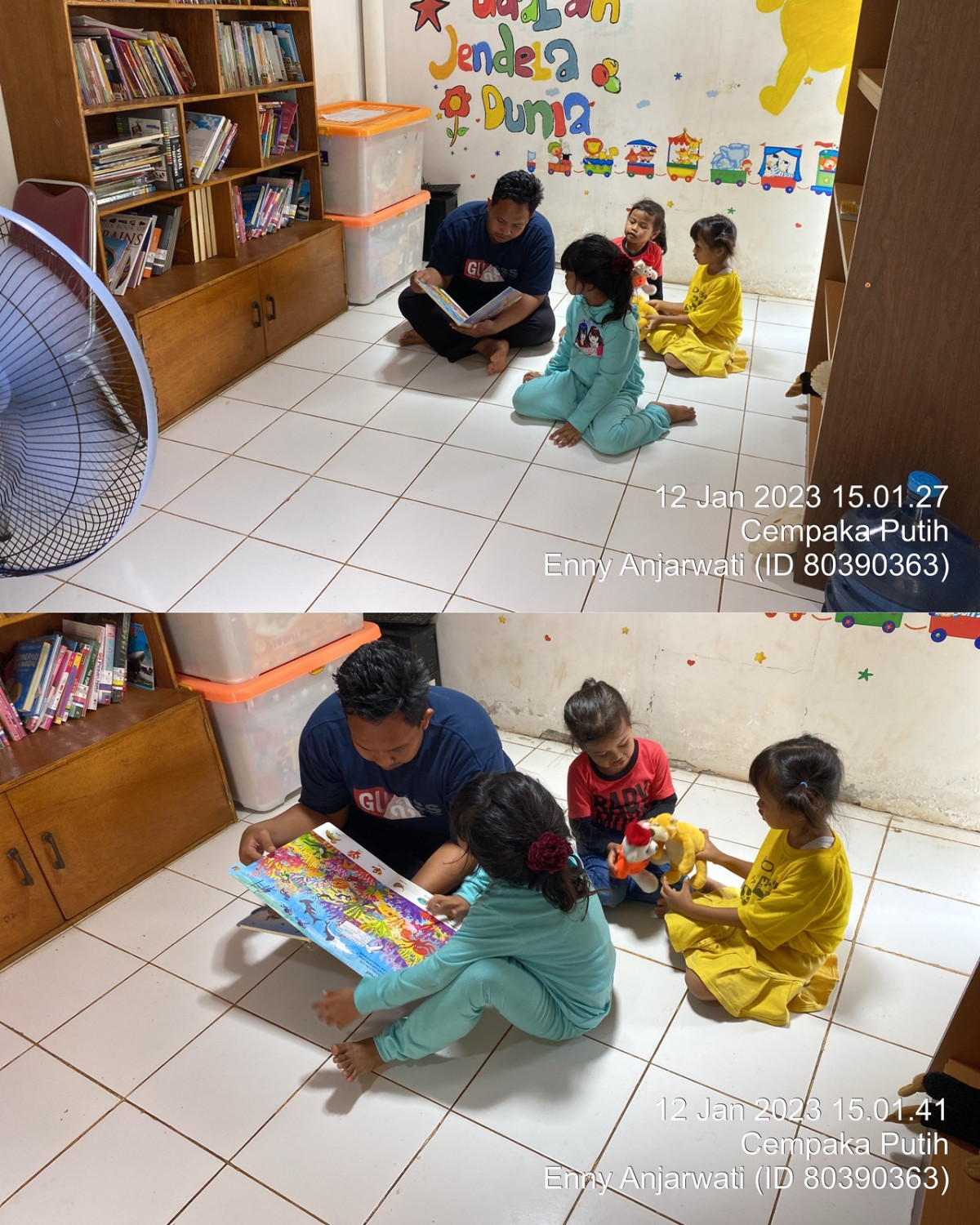 Giat pengelola mendampingi adik-adik membaca buku cerita dan bermain boneka di Perpustakaan RPTRA Anggrek