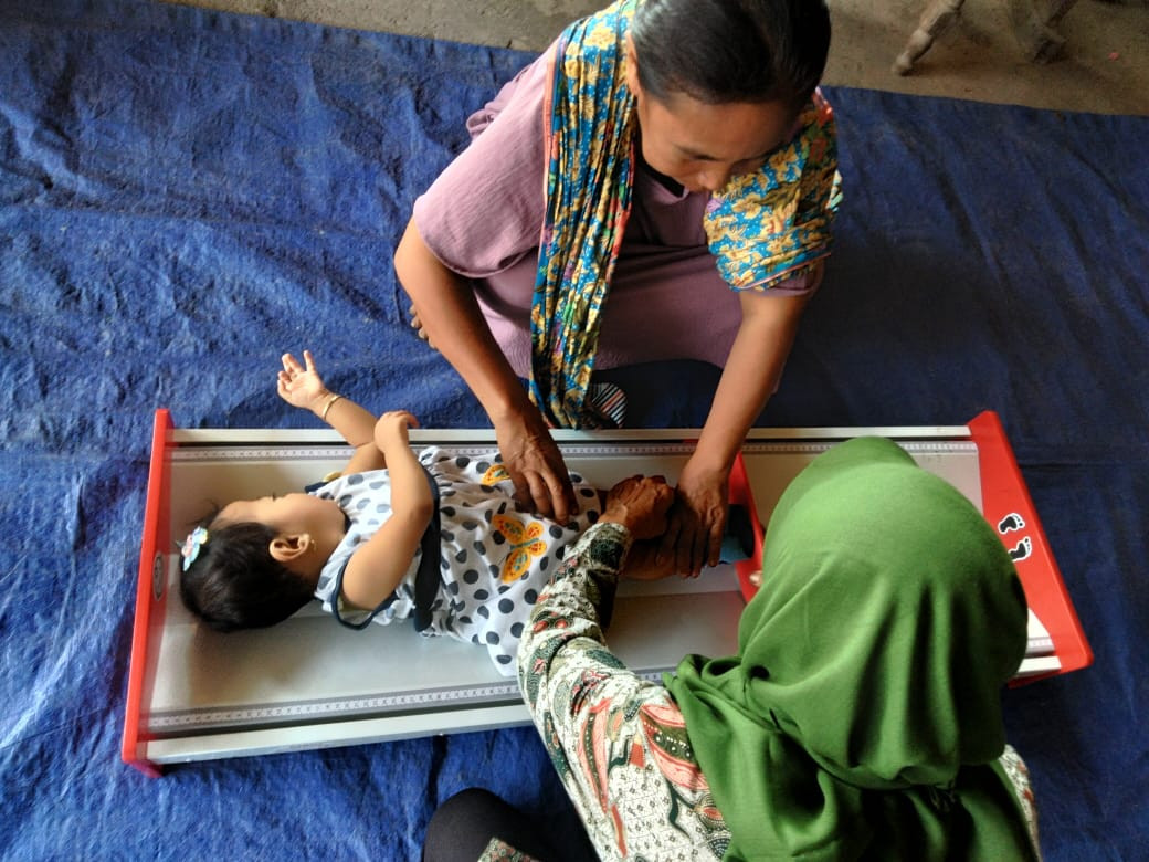 tampak salah satu balita sedang diukur panjang badannya oleh kader posyandu