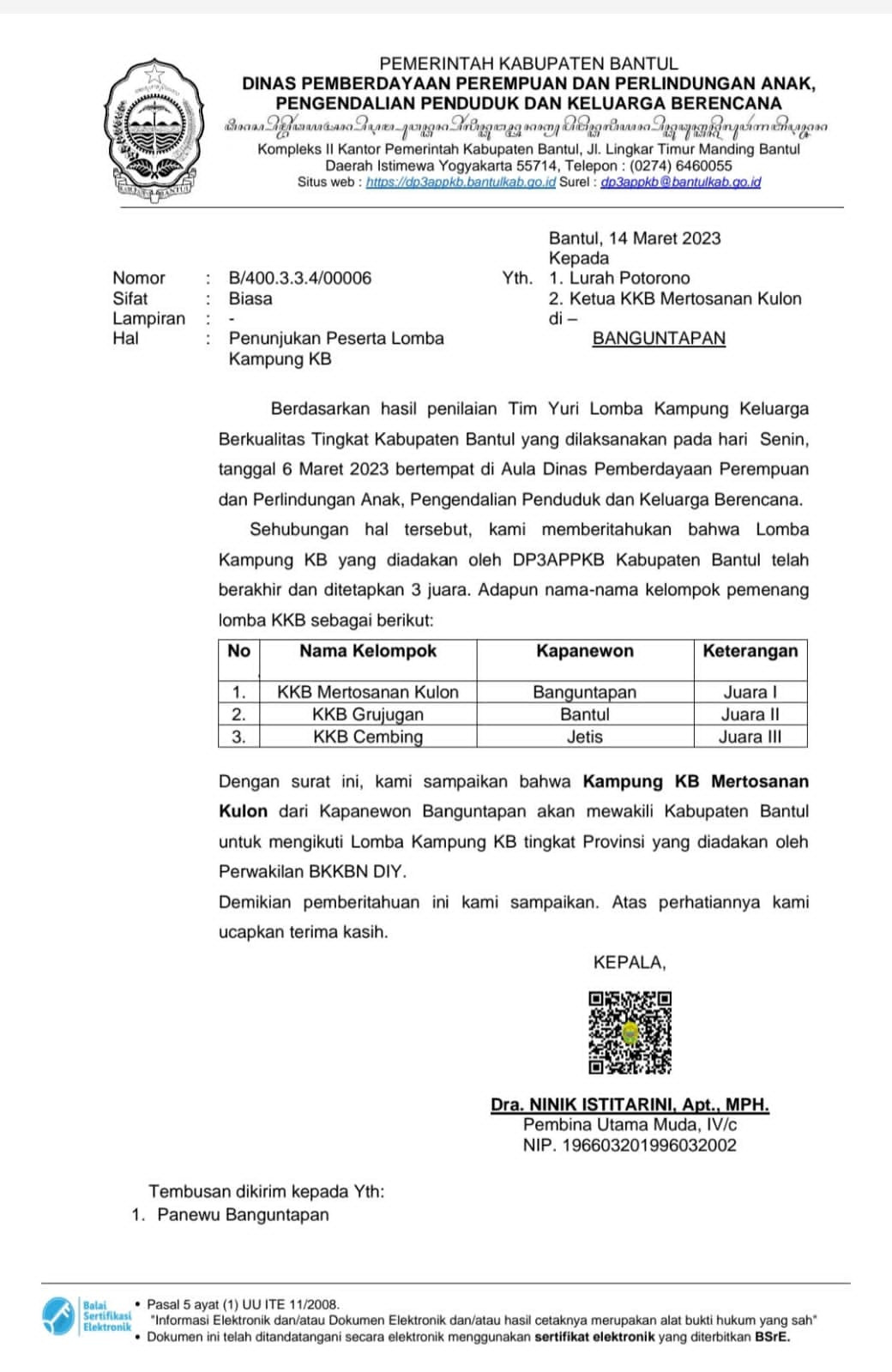 Surat penunjukan pemenang lomba KKb mertosanan kulon juara I