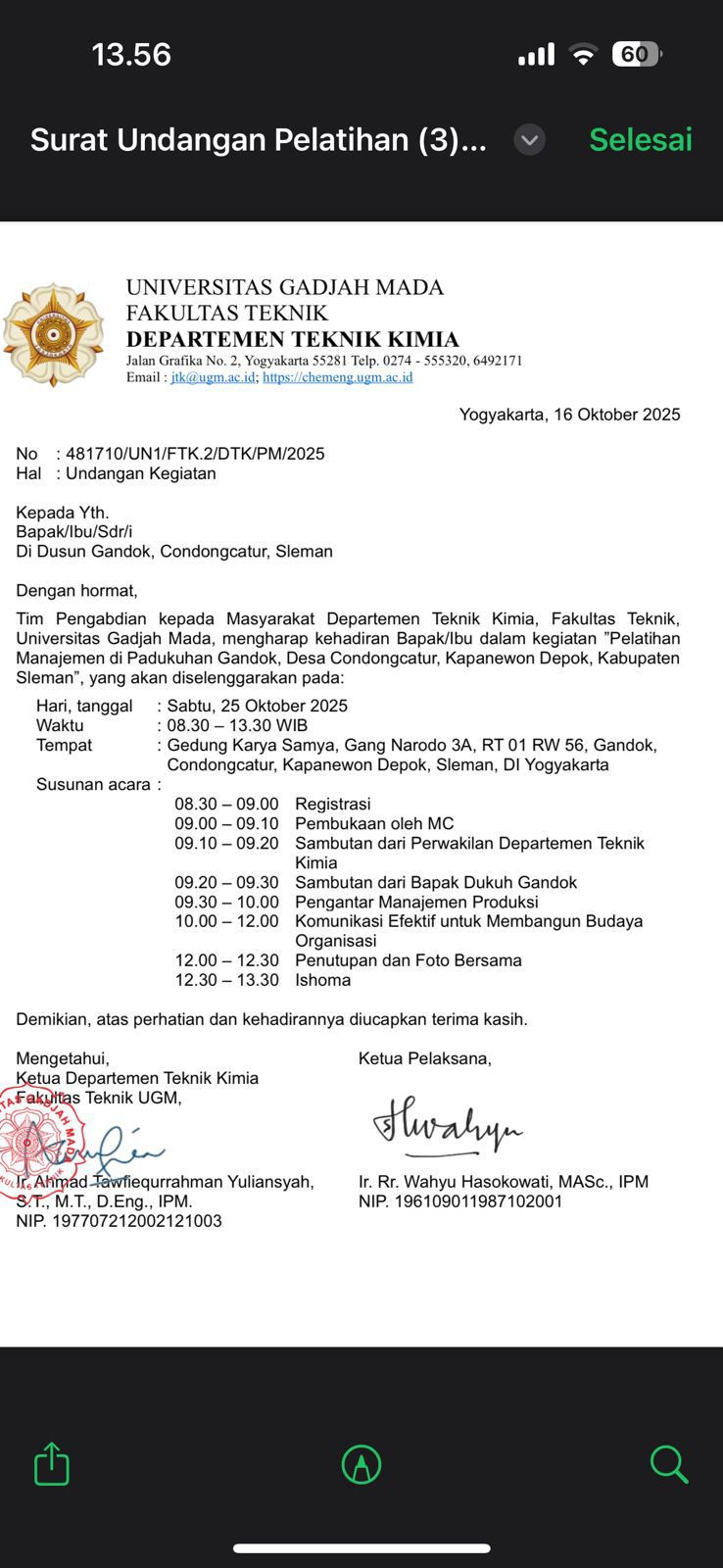 Pelatihan Managemen dan Komunikasi Efektif dalam Budaya Berorganisasi oleh Departemen Teknik Kimia UGM.