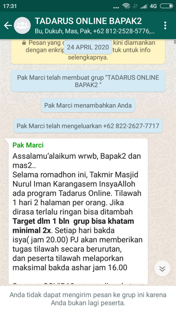 Tadarus Daring Jamaah Putra Masjid Nurul Iman