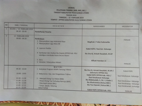 Pelatihan Kader Tribina Tingkat Kabupaten Hulu Sungai Utara Tahun 2019