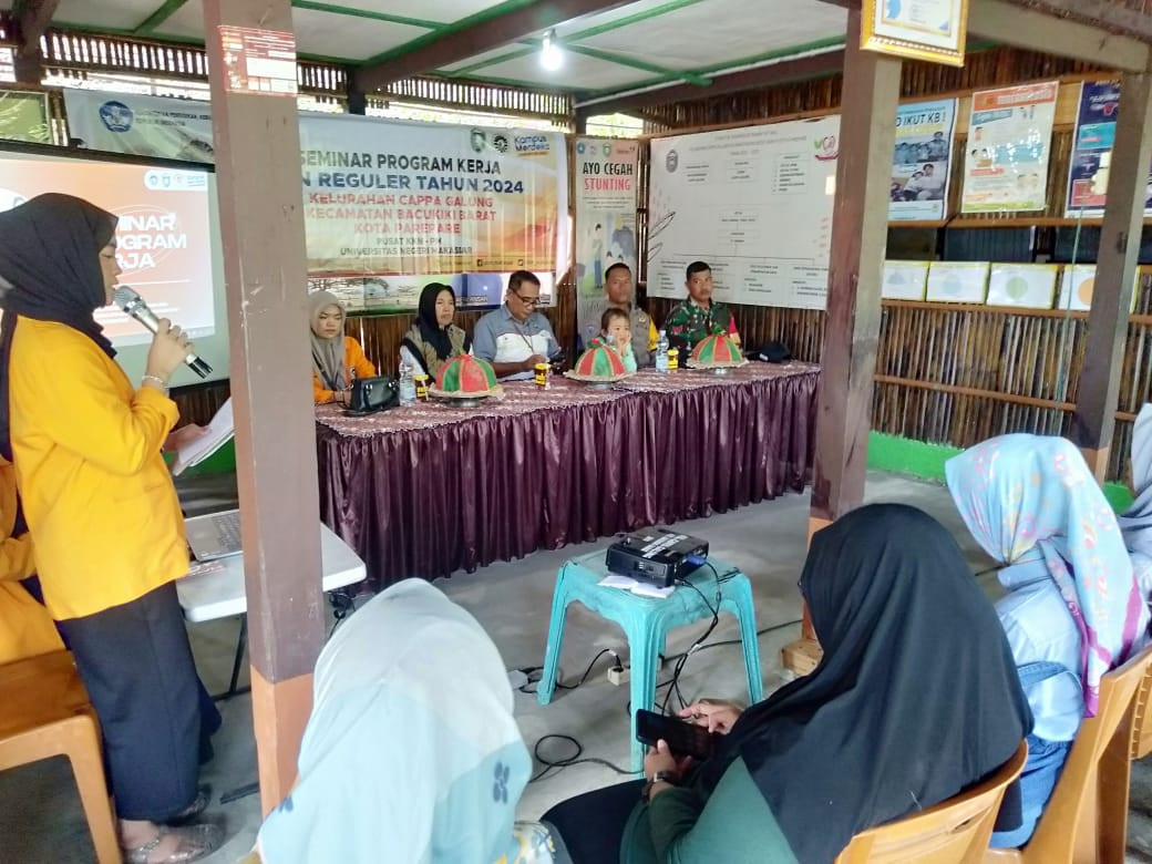 Monitoring Keg. Workshop KKN Reguler UNM Kel. 2 Tahun 2024 yang dihadiri oleh Lurah, Ketua TP. PKK Cappa Galung, Babinsa, BHABINKAMTIBMAS, Bidan, Penyuluh KB, Pengurus Kamp. KB dan mahasiswa KKN Reguler UNM Klp. 2