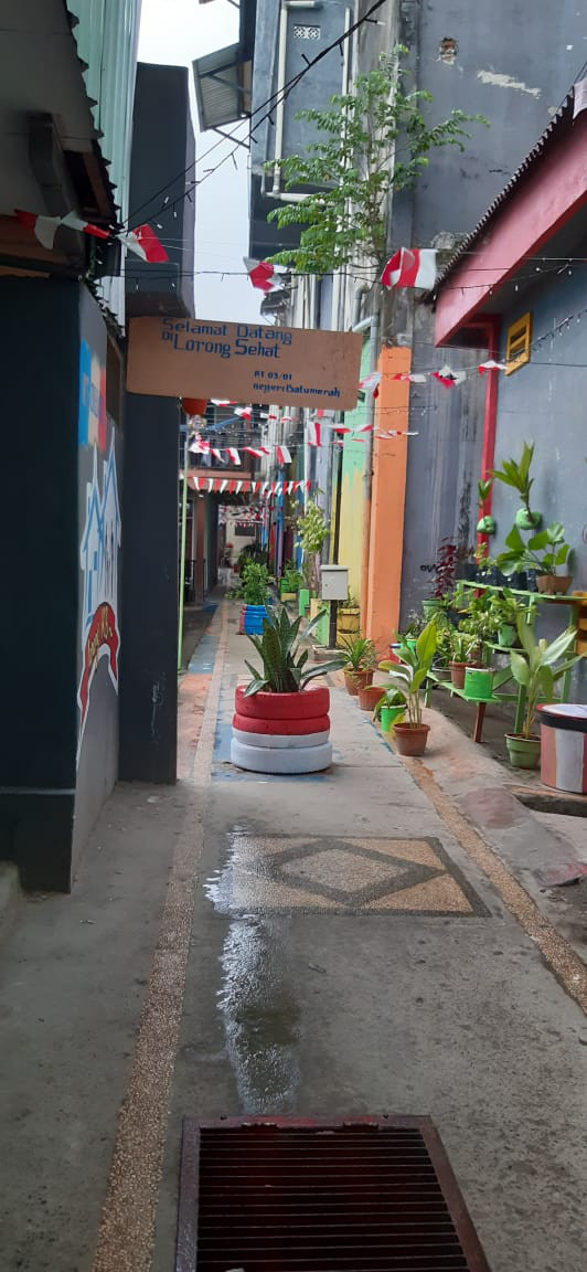 Lorong bersih dibalur hijau tumbuhan pot